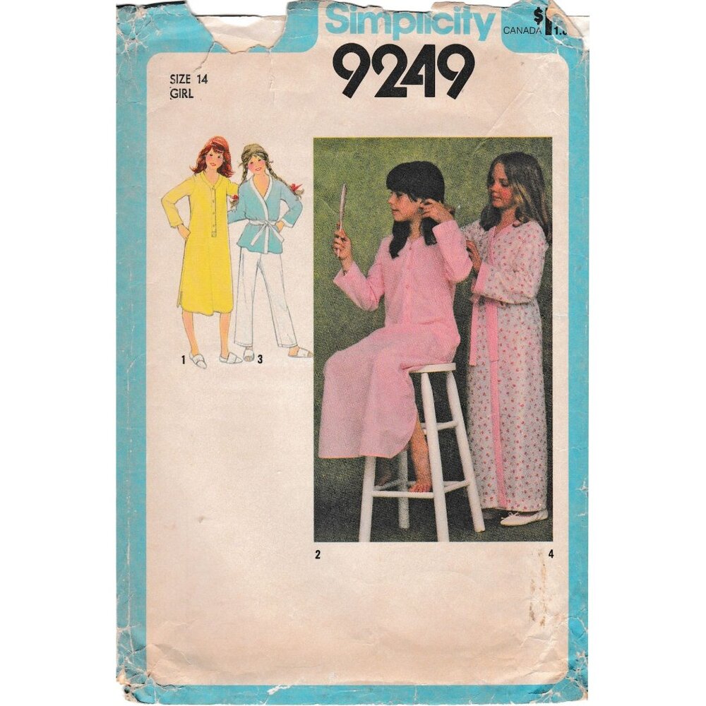 Vintage Sewing PATTERN Simplicity 9249, Child Nightshirt Robe and Pajamas, Girls